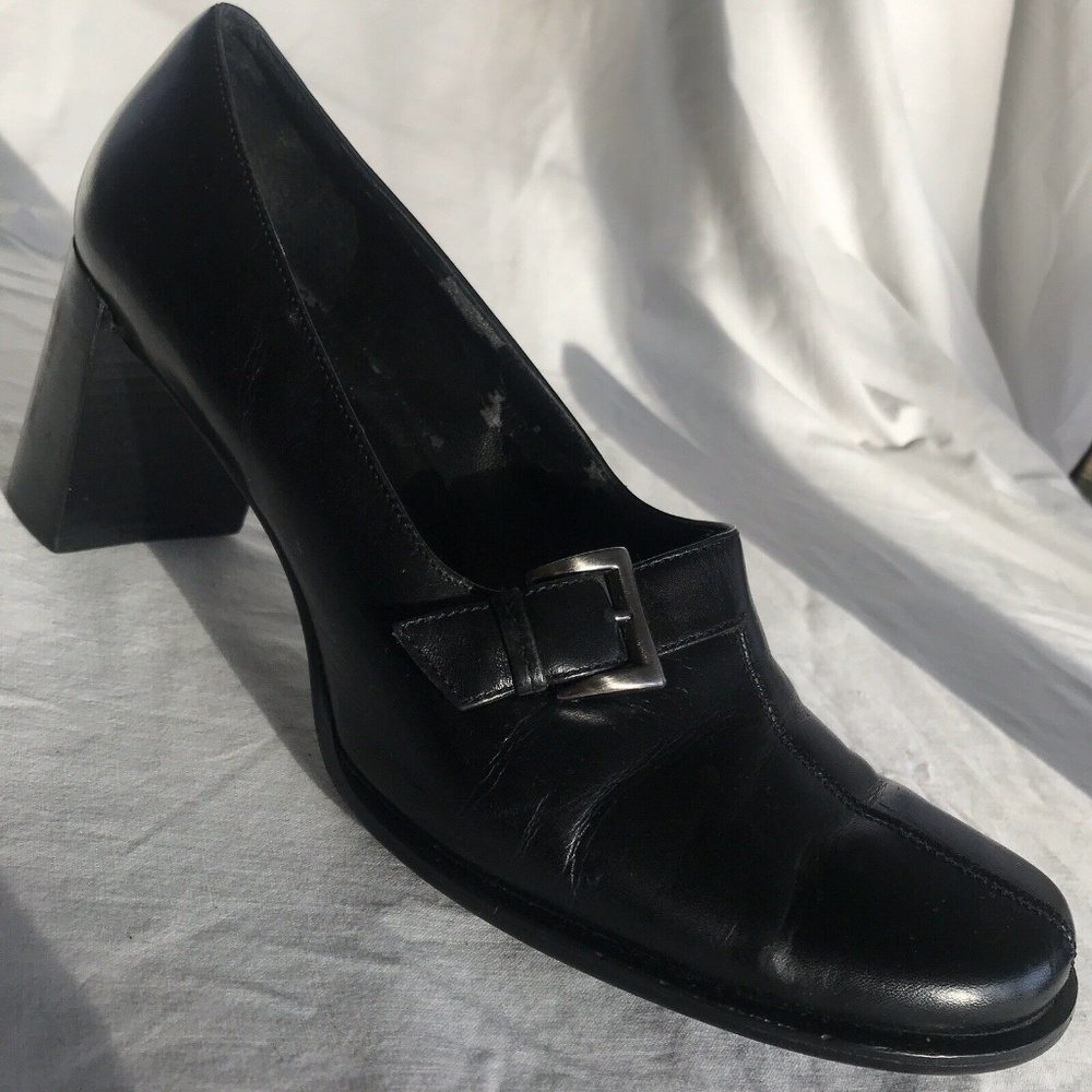 Franco Sarto 9.5M BLK Leather Slip On Chunky Heel